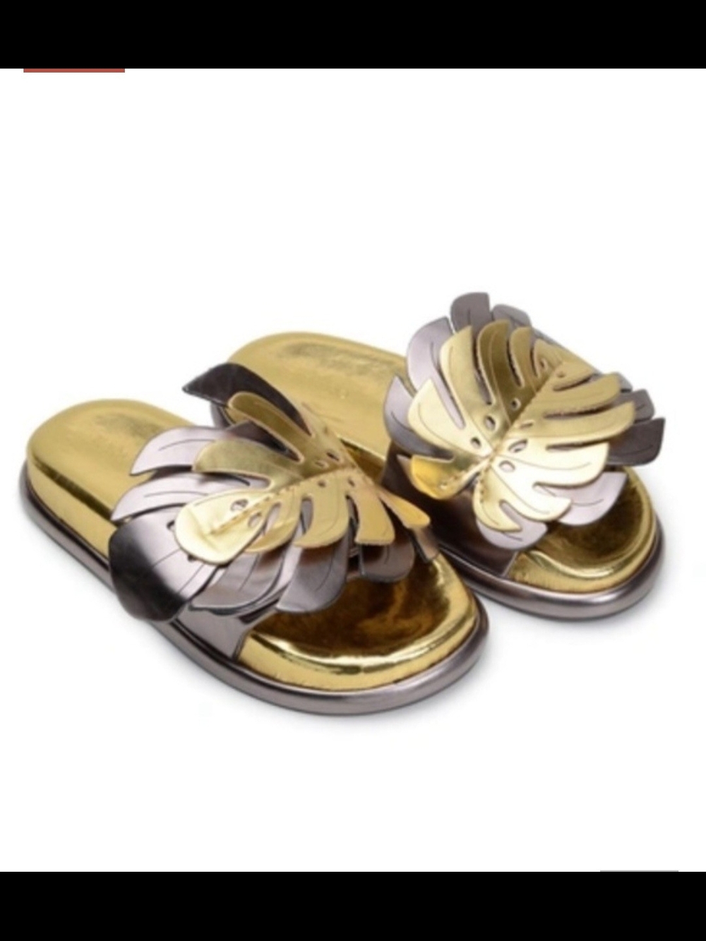 NEW FARM Rio Monstera Anatomic  Metallic Leaf Appliqué SLIDE IN Sandals. Size 8